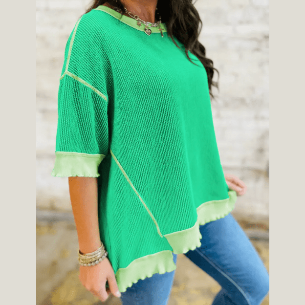 Ziva Green Loose Uneven Hem Twist Ribbed T Shirt