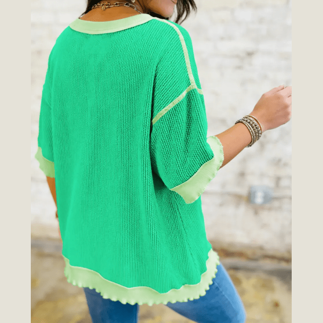 Ziva Green Loose Uneven Hem Twist Ribbed T Shirt