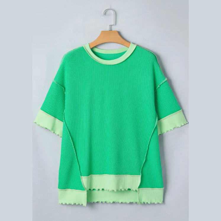 Ziva Green Loose Uneven Hem Twist Ribbed T Shirt