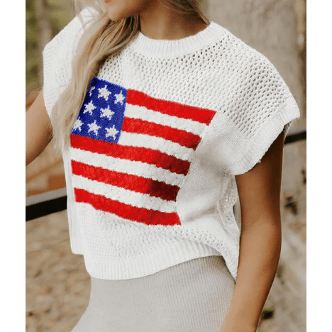 White Flag Graphic Short Sleeve Sweater