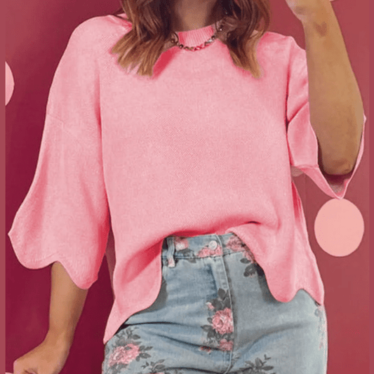 Leann Pink Scalloped Hem 3/4 Sleeve Sweater Top