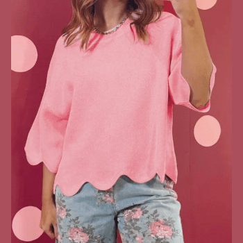 Leann Pink Scalloped Hem 3/4 Sleeve Sweater Top