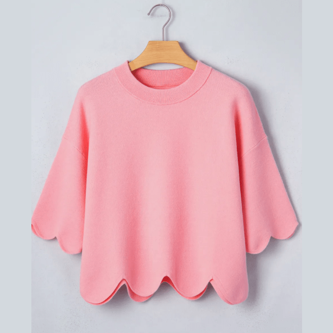 Leann Pink Scalloped Hem 3/4 Sleeve Sweater Top