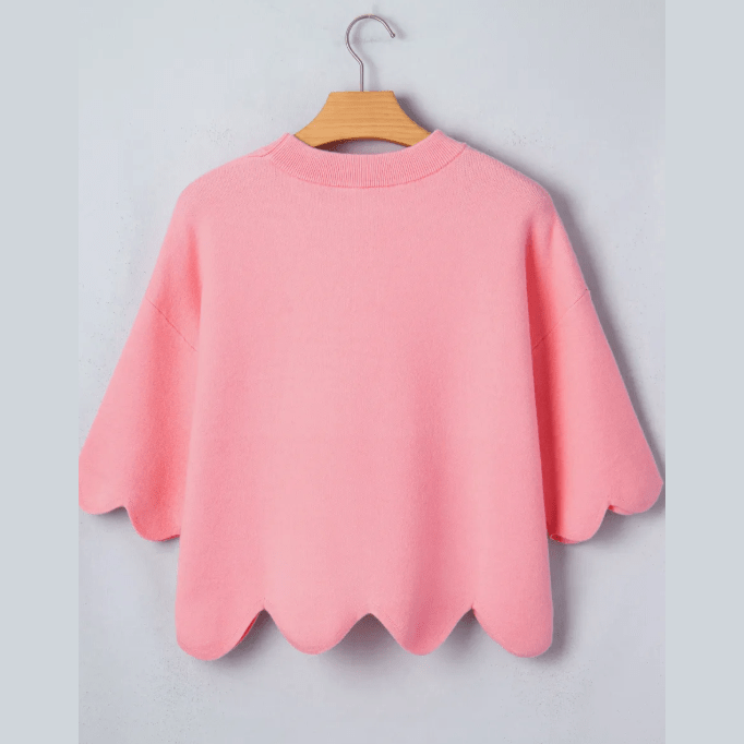 Leann Pink Scalloped Hem 3/4 Sleeve Sweater Top
