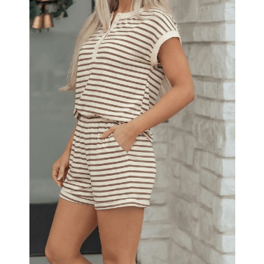 Nansi Brown Stripe Half Buttons Top and Shorts Set