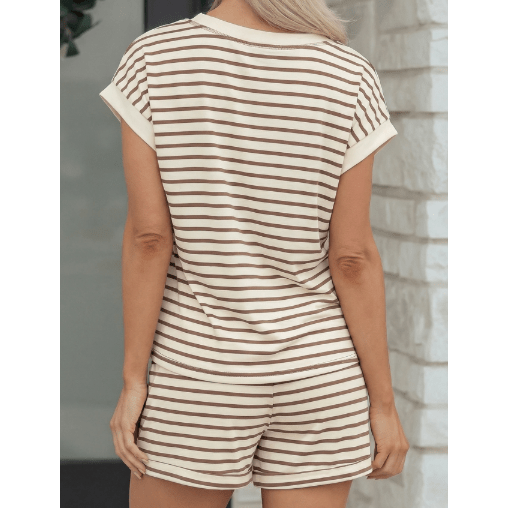 Nansi Brown Stripe Half Buttons Top and Shorts Set