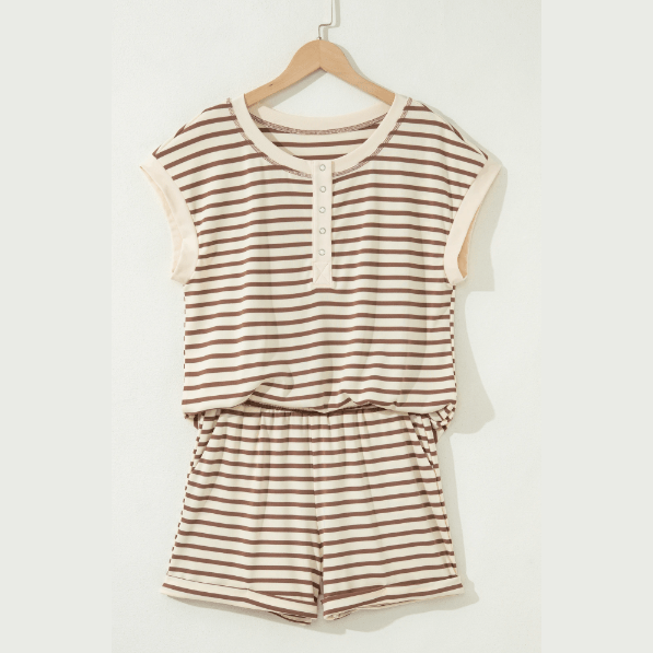 Nansi Brown Stripe Half Buttons Top and Shorts Set