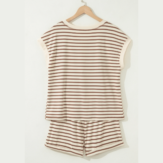 Nansi Brown Stripe Half Buttons Top and Shorts Set