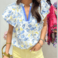 Florissa Sky Blue Floral Print Frilled Notched V Neck Blouse