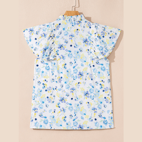 Florissa Sky Blue Floral Print Frilled Notched V Neck Blouse