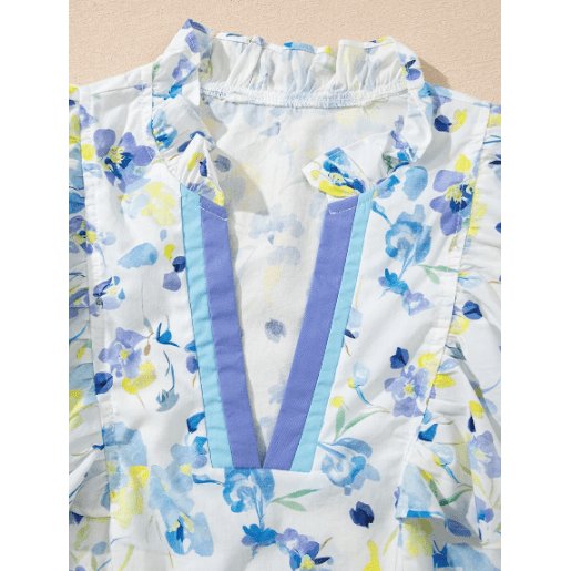 Florissa Sky Blue Floral Print Frilled Notched V Neck Blouse