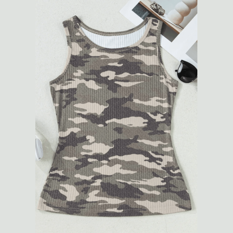 Anetta Green Camouflage Print Ribbed Knit Round Neck Tank Top