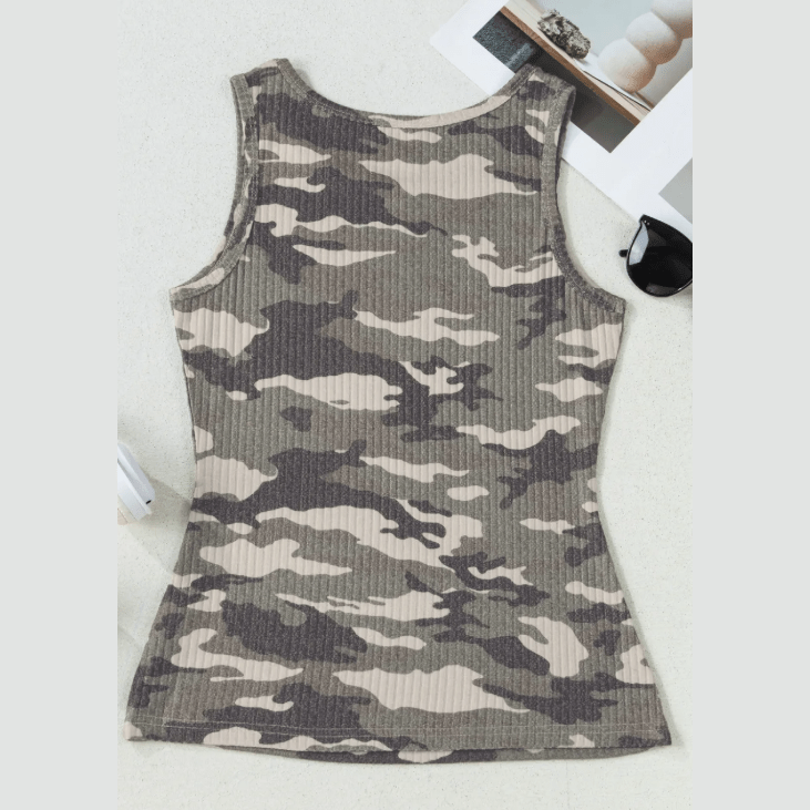 Anetta Green Camouflage Print Ribbed Knit Round Neck Tank Top