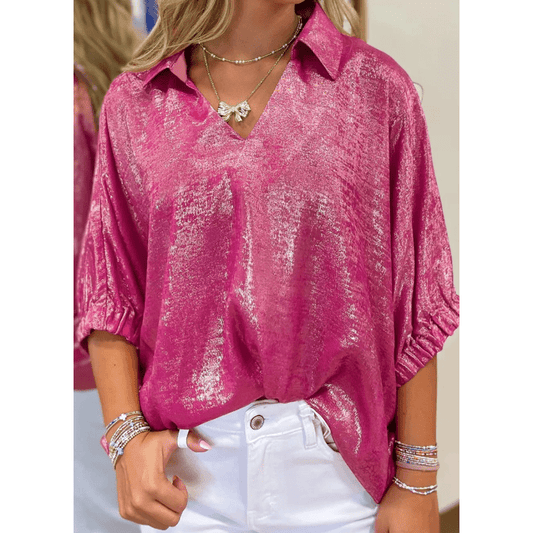 Paislee Strawberry Pink Collared V Neck Half Sleeve Metallic Top