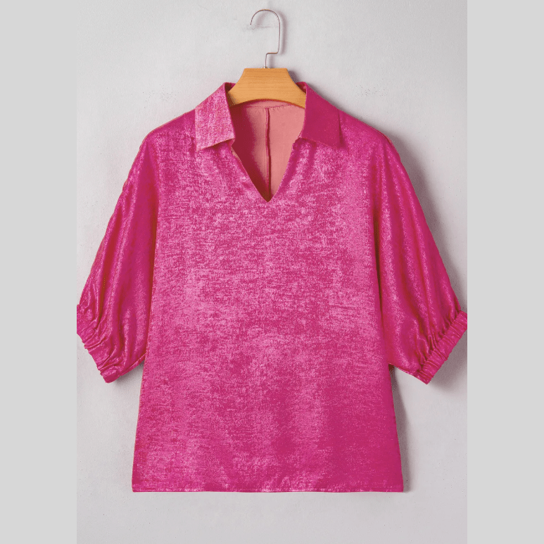 Paislee Strawberry Pink Collared V Neck Half Sleeve Metallic Top