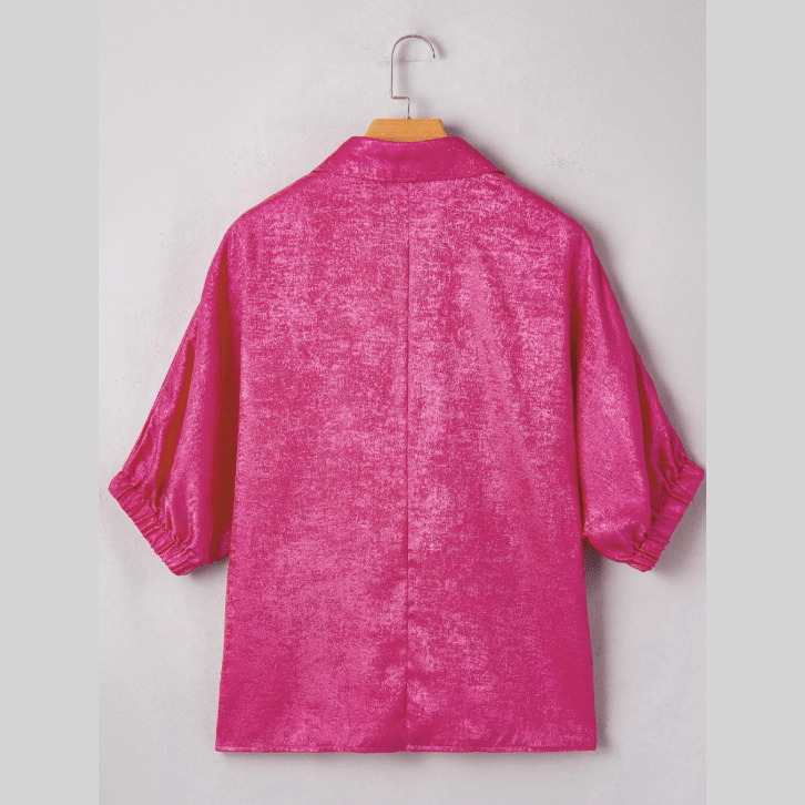 Paislee Strawberry Pink Collared V Neck Half Sleeve Metallic Top