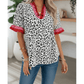 Effy Grey Stripe Ruffled Trim V Neck Leopard Print Short Sleeve Blouse