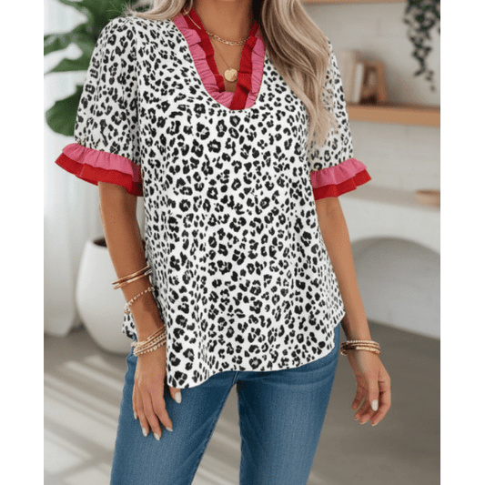 Effy Grey Stripe Ruffled Trim V Neck Leopard Print Short Sleeve Blouse