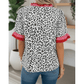 Effy Grey Stripe Ruffled Trim V Neck Leopard Print Short Sleeve Blouse
