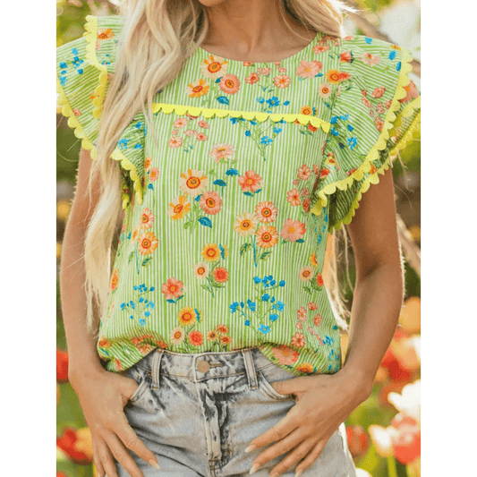 Jona Stripe Floral Printed Scalloped Detail Ruffle Short Sleeve Blouse