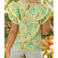 Jona Stripe Floral Printed Scalloped Detail Ruffle Short Sleeve Blouse