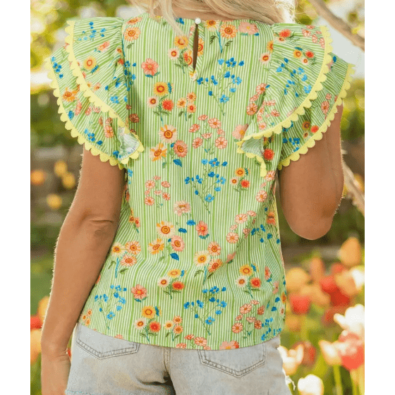 Jona Stripe Floral Printed Scalloped Detail Ruffle Short Sleeve Blouse