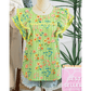 Jona Stripe Floral Printed Scalloped Detail Ruffle Short Sleeve Blouse