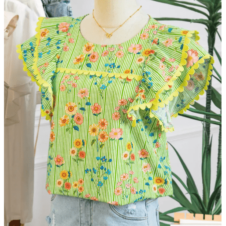 Jona Stripe Floral Printed Scalloped Detail Ruffle Short Sleeve Blouse