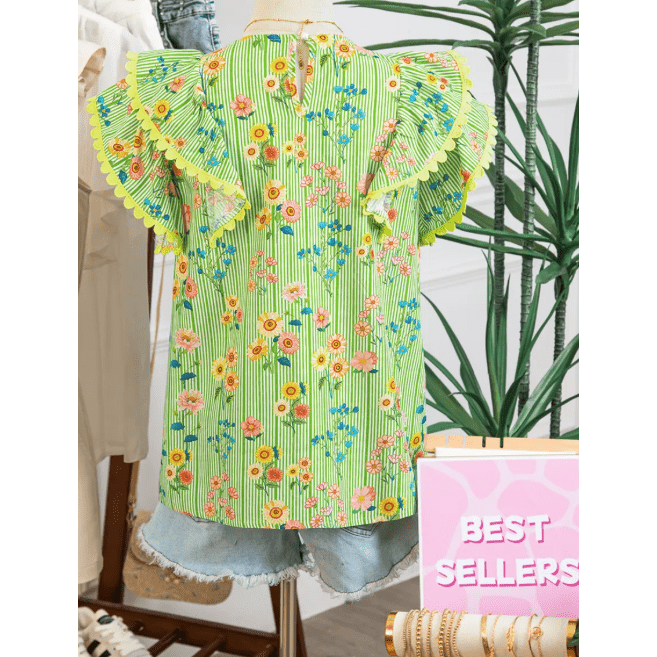 Jona Stripe Floral Printed Scalloped Detail Ruffle Short Sleeve Blouse