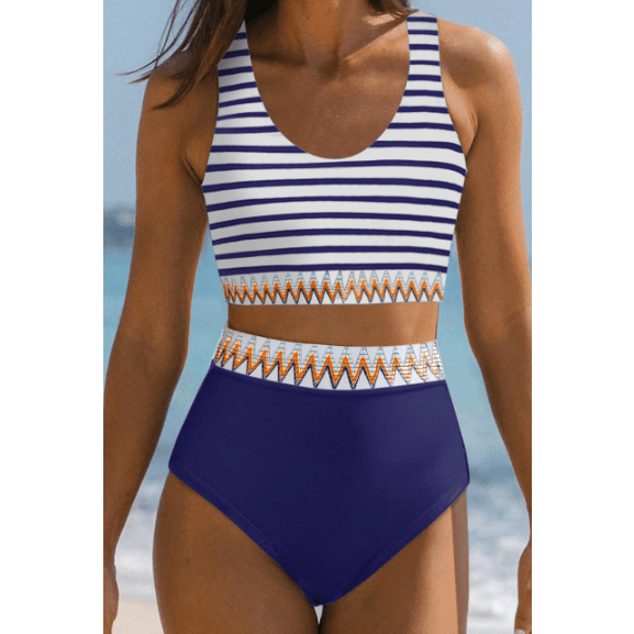 Andree Blue Contrast Trim Mix and Match High Waist 2pcs Swimsuit