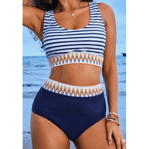 Andree Blue Contrast Trim Mix and Match High Waist 2pcs Swimsuit
