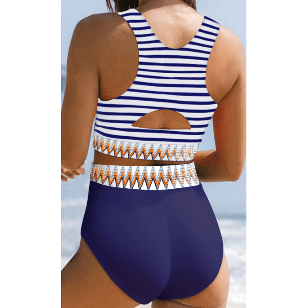 Andree Blue Contrast Trim Mix and Match High Waist 2pcs Swimsuit