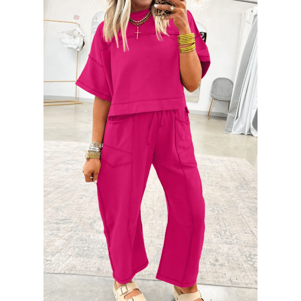 Dorcas Pink Drop Shoulder Boxy Tee and Barrel Pants Set
