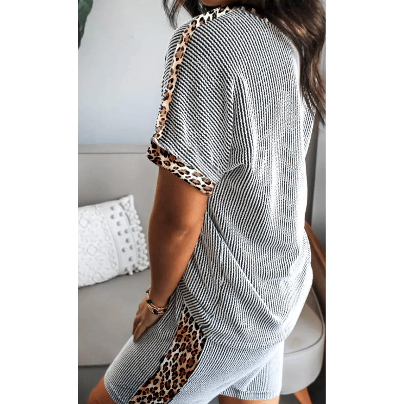 Tabatha Light Grey Leopard Trim Twist Ribbed Short Set