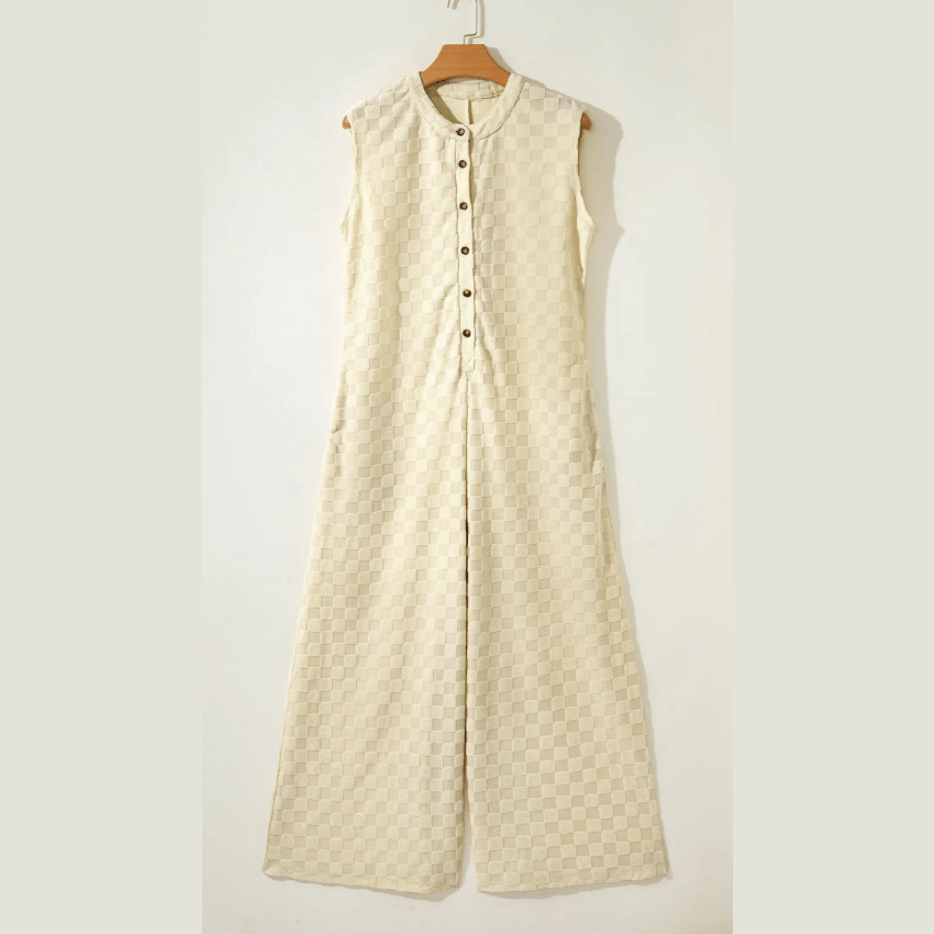 Lorrie Apricot Half Button Up Sleeveless Wide Leg Textured Jumpsuit
