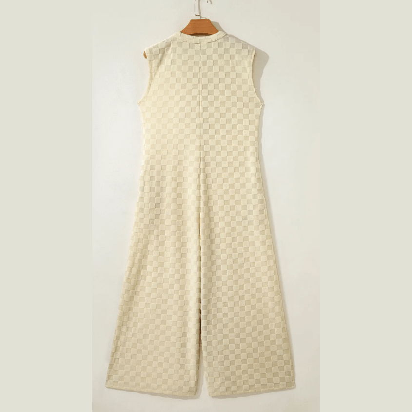 Lorrie Apricot Half Button Up Sleeveless Wide Leg Textured Jumpsuit