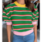 Jilly Green Stripe Colorblock Trim Half Sleeve Sweater