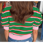 Jilly Green Stripe Colorblock Trim Half Sleeve Sweater