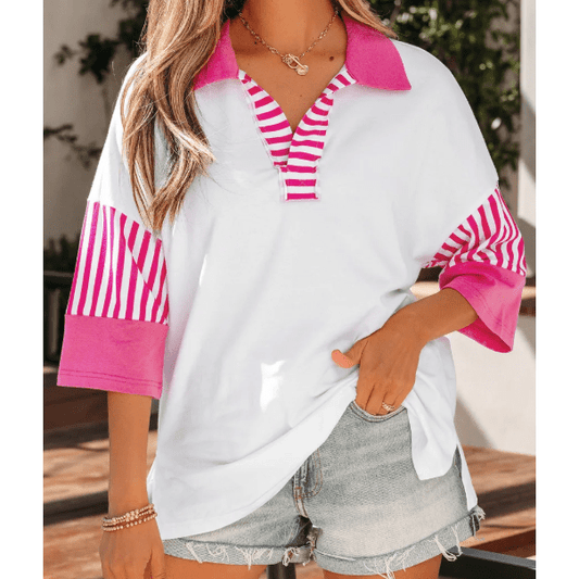 Kya Pink Striped Color Block Patchwork Polo Collar Half Sleeve T Shirt