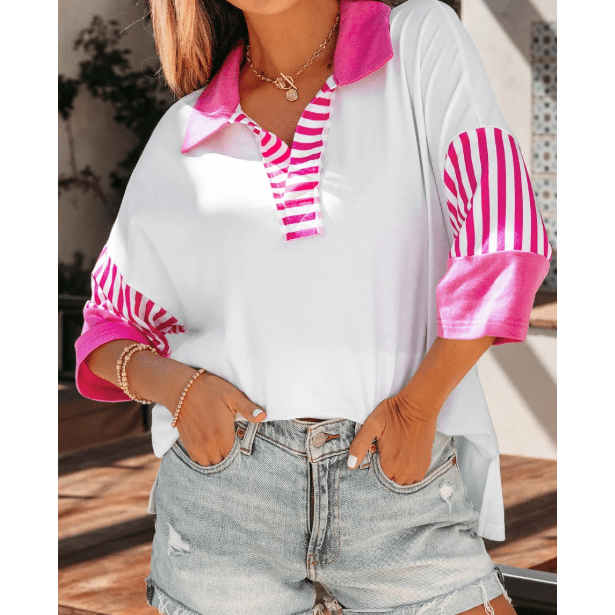 Kya Pink Striped Color Block Patchwork Polo Collar Half Sleeve T Shirt