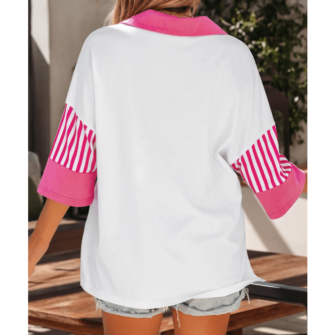 Kya Pink Striped Color Block Patchwork Polo Collar Half Sleeve T Shirt