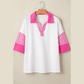 Kya Pink Striped Color Block Patchwork Polo Collar Half Sleeve T Shirt