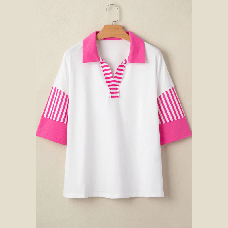 Kya Pink Striped Color Block Patchwork Polo Collar Half Sleeve T Shirt