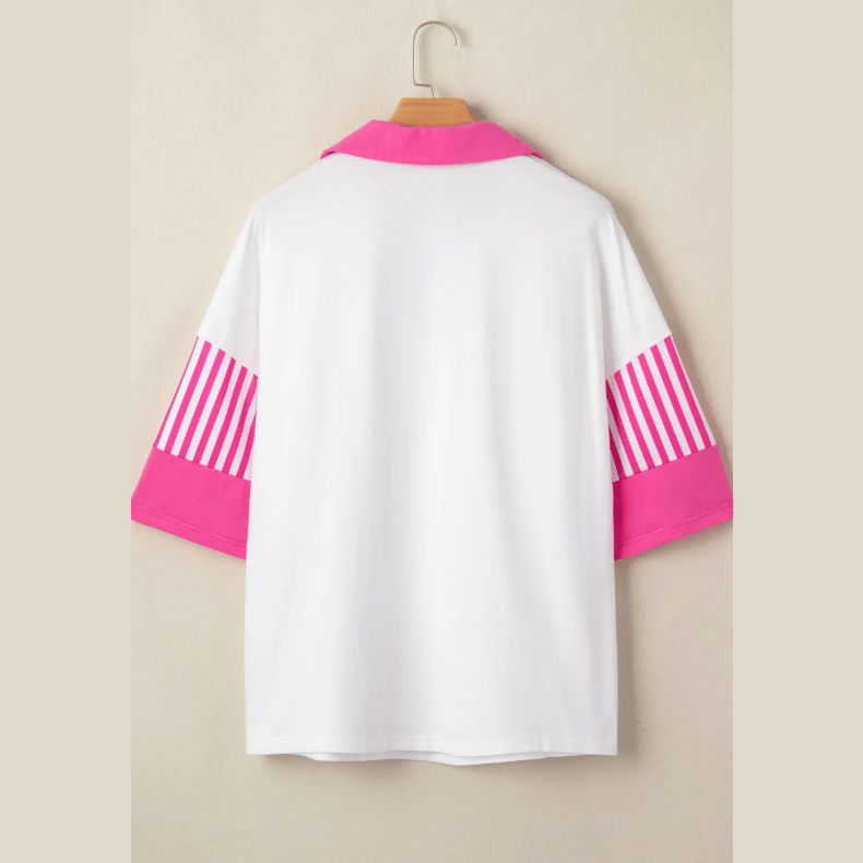 Kya Pink Striped Color Block Patchwork Polo Collar Half Sleeve T Shirt