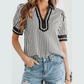 Dorthea Black Stripe Collared Split Neck Short Bubble Sleeve Blouse