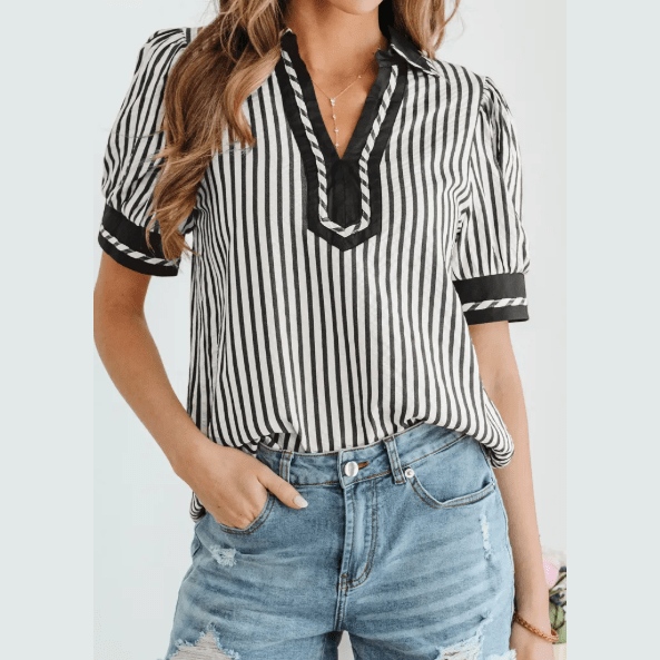 Dorthea Black Stripe Collared Split Neck Short Bubble Sleeve Blouse