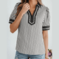 Dorthea Black Stripe Collared Split Neck Short Bubble Sleeve Blouse