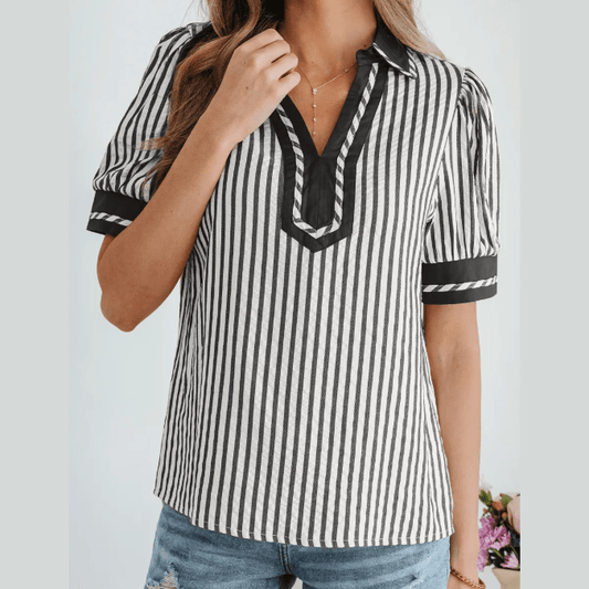 Dorthea Black Stripe Collared Split Neck Short Bubble Sleeve Blouse