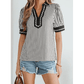 Dorthea Black Stripe Collared Split Neck Short Bubble Sleeve Blouse