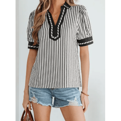 Dorthea Black Stripe Collared Split Neck Short Bubble Sleeve Blouse